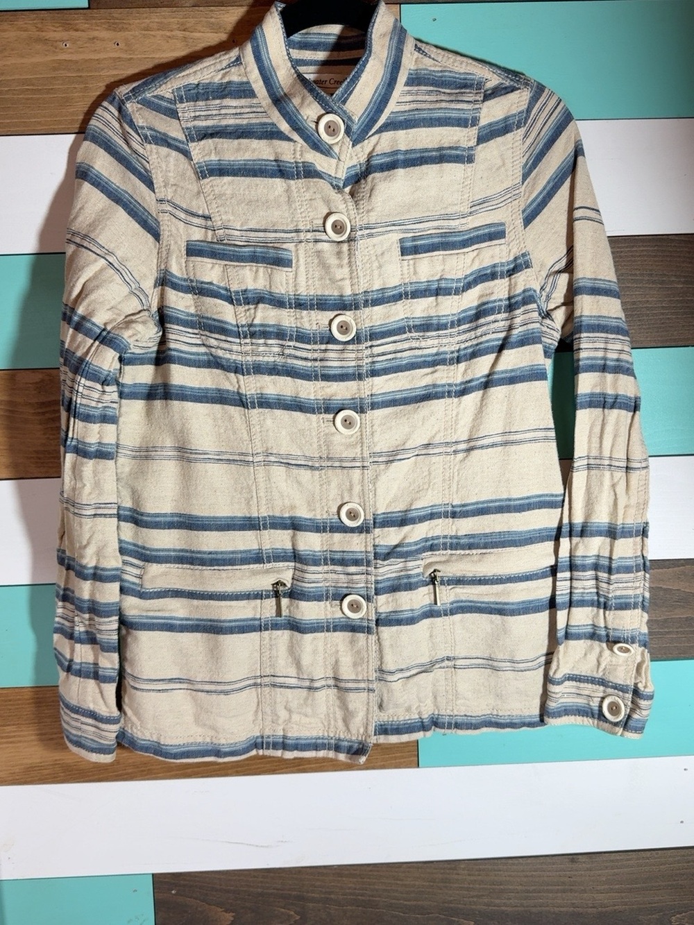 Coldwater Creek Women’s Size 6 Linen Cotton Blue Striped Utility Jacket